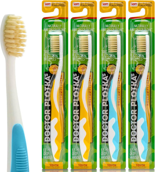 MOUTHWATCHERS Soft Childrens Flossing Manual Toothbrush, Value Pack of 4, Yellow and Blue, Toothbrushes for Kids & Teens, Ultra Clean, by Dr. Plotka's