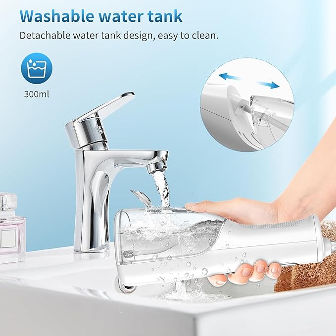 Cordless Oral Irrigator - 4 Modes Water Flosser for Teeth Cleaning, 300ML Reservoir, 360° Nozzle, IPX7 Waterproof, 2000mAh Rechargeable Battery, 4 Jet Tips, Smart Memory Function (M149 - White)