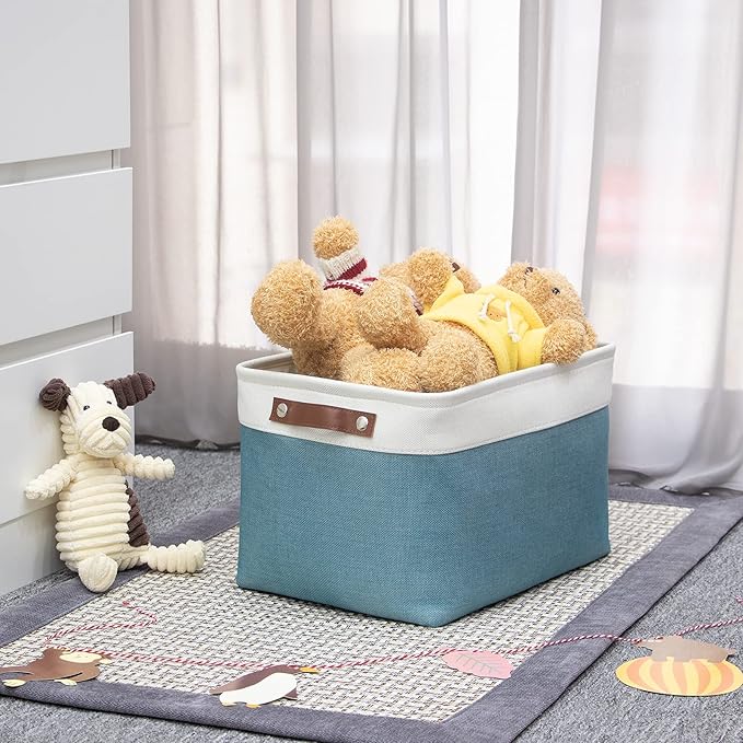 HNZIGE Storage Baskets Bins (3 Pack) Large Shelf Baskets for Clothes, Decorative Storage Bins with Handles, Canvas Collapsible Storage Bins for Organizing Storage (Gray&Teal, 15" X 11" X 9.5")