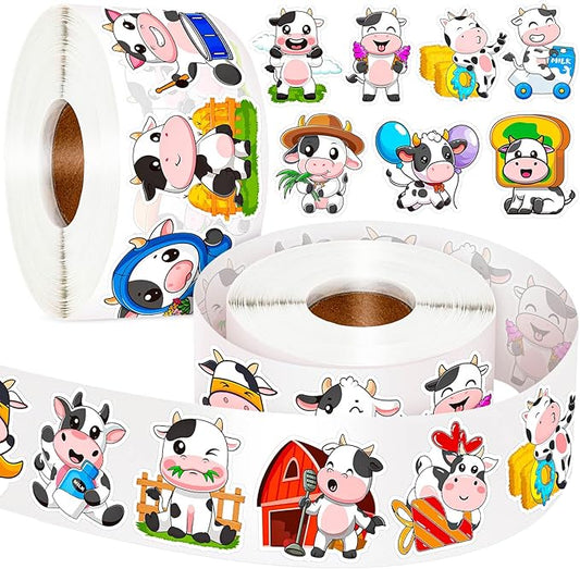 1200 Pcs Cute Cows Stickers for Kids 2 Roll Water Bottle Farm Stickers 2 Roll Sticker for Teacher Reward School Supplies Incentives Cow Party Favors (16 Styles)