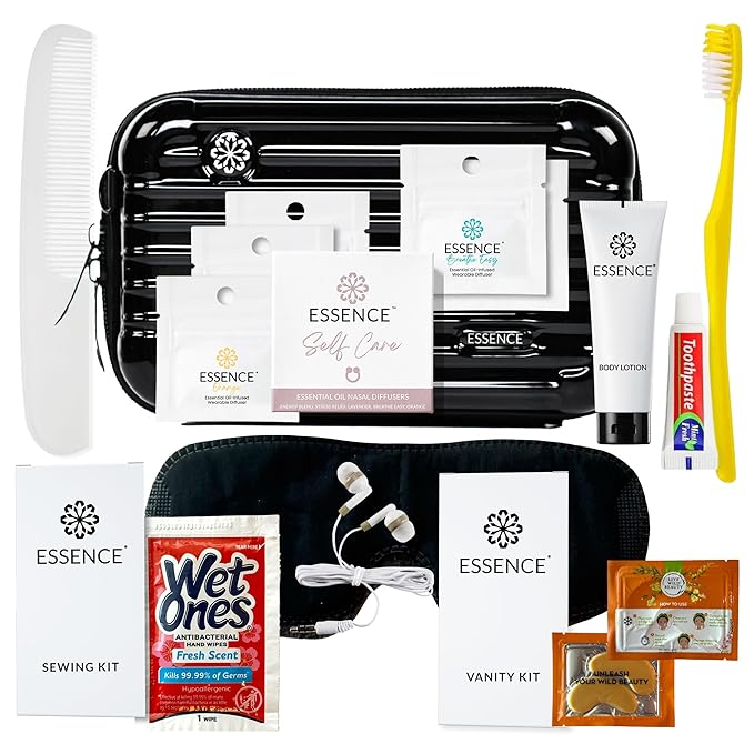 Essence Travel Amenity Kit - Compact Wellness Organizer with 5 Nasal Diffusers + 9 Traveler Comfort Essentials for Flights, Hotels & Adventures - Wearable Aromatherapy Self-Care On the Go