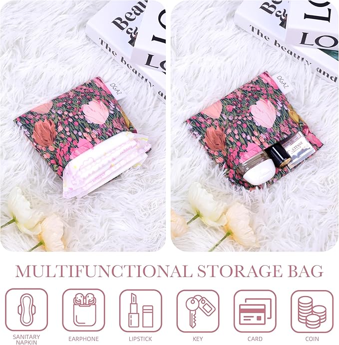 DGAZ Sanitary Napkin Storage Bag, Period Bag for Teen Aged Girls, Portable Period Bag for Panty Liners/Menstrual Cup/Small Tampons，Mini Makeup Bag for Purse(Blooming Tulips)