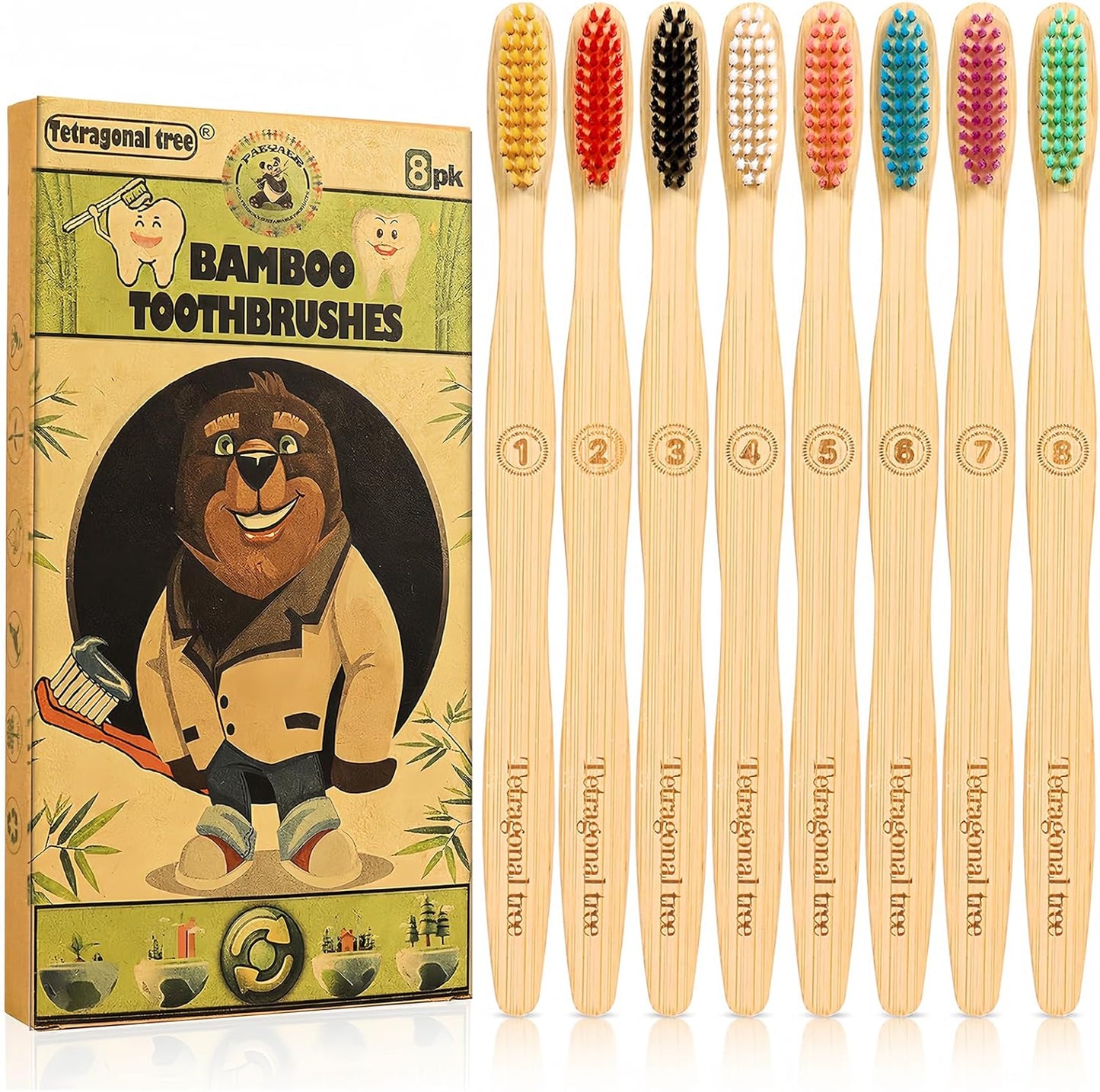 8 Count Bamboo Toothbrushes - BPA Free Soft Bristles Natural Toothbrush Set - Biodegradable & Compostable Eco-Friendly Wooden Toothbrush