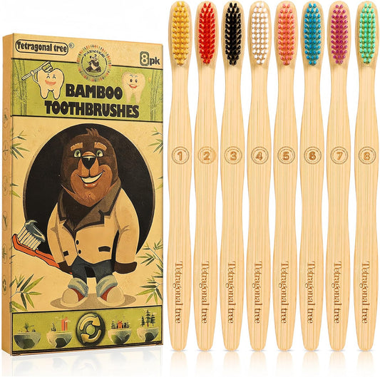 8 Count Biodegradable Bamboo Toothbrushes - Natural Toothbrush Value Pack - Extra Soft Toothbrush for Adults, Good for Sensitive Teeth and Gums