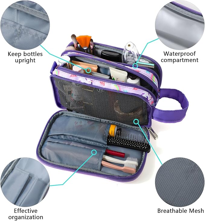 Kids Toiletry Bag for Girls, Travel Toiletry Bag for Little Young Girls Cosmetic Bag Makeup Bag Waterproof Hanging Wash Bag Toddler Toiletries, Unicorn Purple