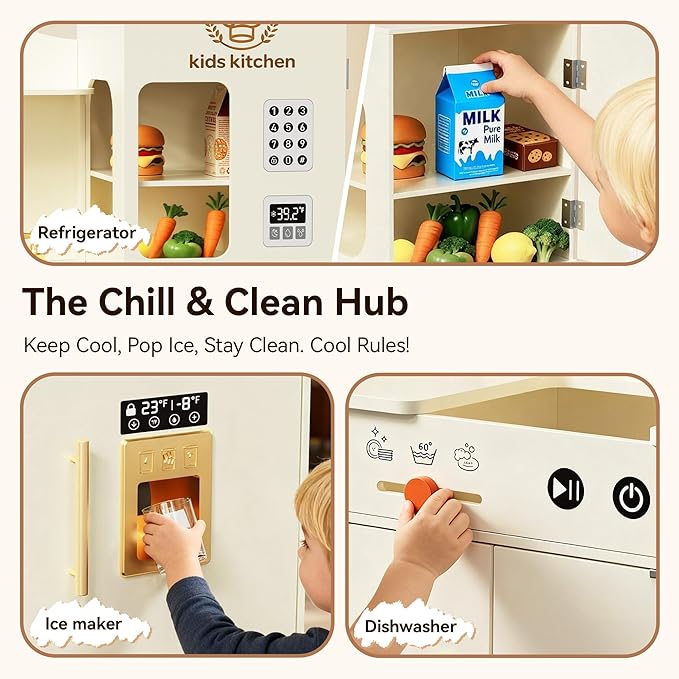 Play Kitchen for Kids with Rotating Design, Wooden Kids Kitchen Playset with Ice Maker, Toy Kitchen Set for Toddlers Girls Boys with Sink, Stove, Oven, Fridge, Microwave, Pearl White