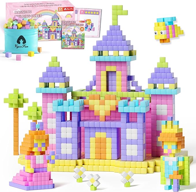 65 PCS Magnetic Blocks Set, 1" Magnet Building Blocks with Toy Eyes and Storage Bag for Kids Gifts, STEM Educational Preschool Sensory Toys for Toddlers Boys Girls Ages 3 4 5 6 7 8 + (Macaron Color)