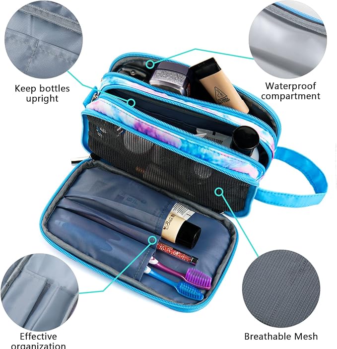 Kids Toiletry Bag for Girls, Travel Toiletry Bag for Teen Girls Cosmetic Bag Makeup Bag Waterproof Hanging Wash Bag Toiletries, Tie Dye Blue