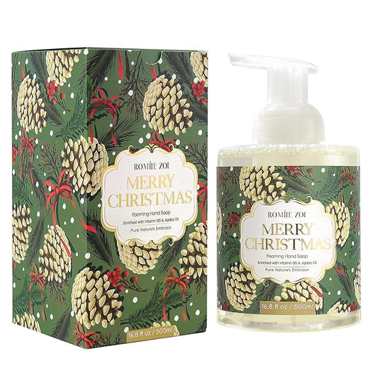 ROMIIE ZOI Christmas Foaming Hand Soap with Gift Box- Merry Christmas Design, Infused with Fresh Balsam Fir Scent -Holiday Bathroom Soap for Winter Decoration and Gifting – 500ml / 16.8oz
