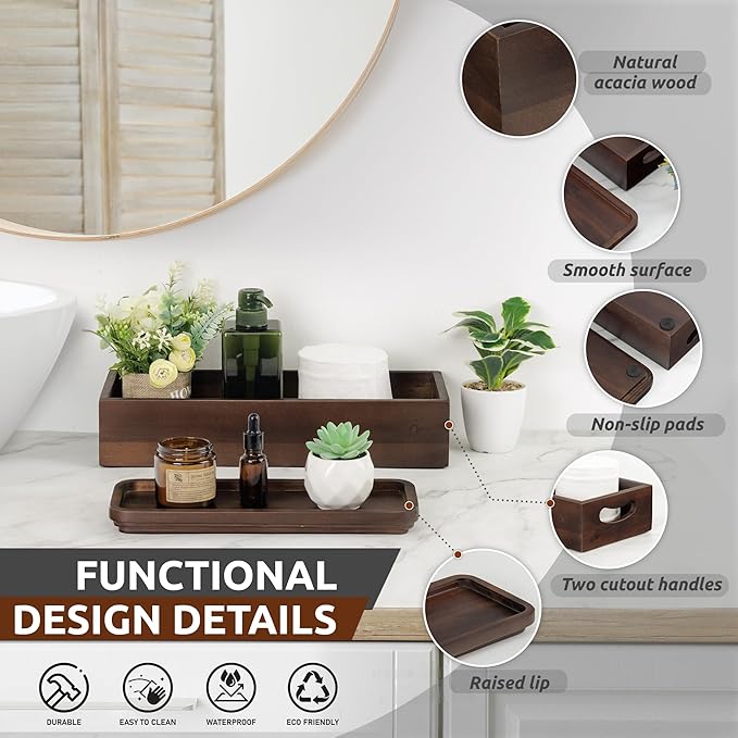 Handmade Toilet Tank Basket Topper & Vanity Tray Set of Natural Acacia Wood by DEMIGO, Created by Skilled Artisans, Smooth, Durable, Attractive Decor for Bathroom, Kitchen, Home, Spa (Dark Brown)