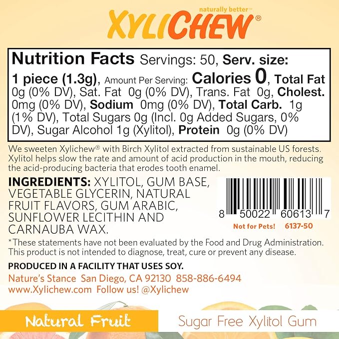 Xylichew 100% Xylitol Chewing Gum - Non GMO, Non Aspartame, Gluten Free, and Sugar Free Gum - Natural Oral Care, Relieves Bad Breath and Dry Mouth - Fruit, 50 Count