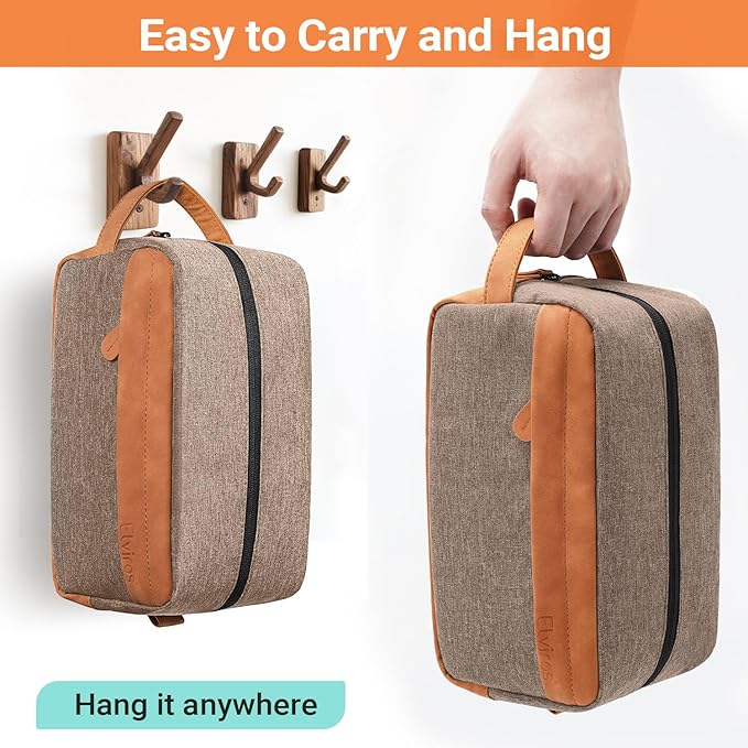 Elviros Travel Toiletry Bag for Men Hanging Dopp Kit Water Repellent PU Leather Shaving Bag with Large Capacity for Travel and Bathroom, Khaki