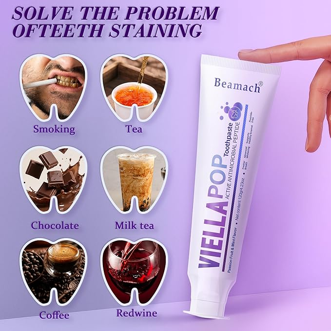 VIELLA POP Purple Toothpaste, Active Antimicrobial Peptide Purple to Blue Foam Whitening Toothpastes with Niacinamide, Fluoride Free, Passion Fruit & Mint Flavor, Appropriate for Sensitive Teeth (2)