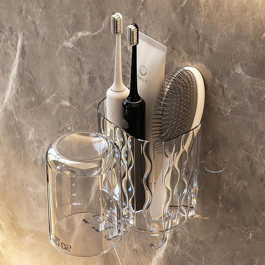 【Two-Piece Set】 Toothbrush Holder, Bathroom Dual-Cup Wall-Mounted Toothbrush Storage Rack, Toiletries Shelf, Bathroom Accessories, Bathroom Decor