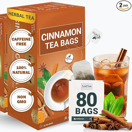 LeafLea Cinnamon Tea Bags, 80 Count (2-Pack), 100% Natural Ground Cinnamon Stick Herbal Tea, Spiced and Warming Flavor for Relaxation, Caffeine-Free, Sugar-Free, Vegan