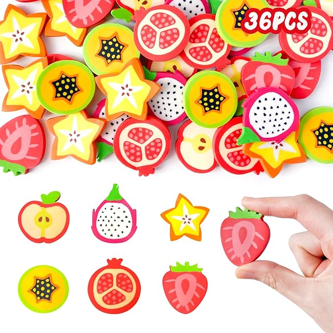 Kleeblatt Large Fruit Erasers for Kids Bulk, 36 PCS Big Fun Desk Pets for Kids Classroom, Treasure Box Prizes,Party Favors for Kids Goodie Bags, Back to School Gifts for Students