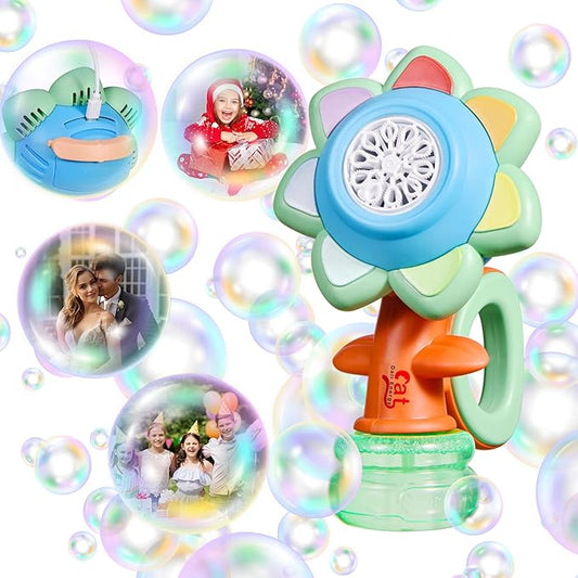 Sunflower Bubble Machine for Kids Automatic Flower Bubble Toy with Colorful Lighting for Toddlers Handheld 20000+Bubbles 3 Modes Fun Swing Dance Bubble Maker Blower Blaster Outdoor Toys Type-C Blue