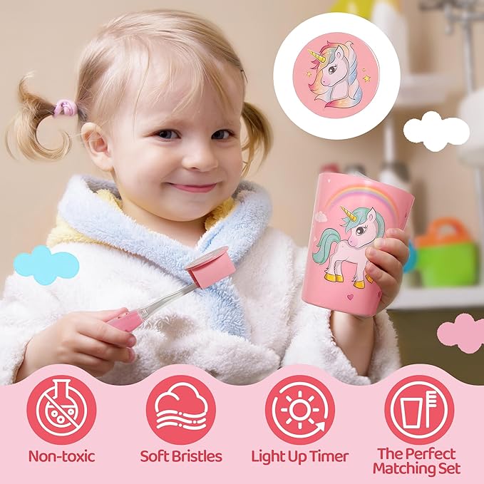 Lily's Home Kids Flashing Timer Toothbrush kids with Soft Bristles, Rising Cup & Cover - Fun 2-Min Light-Up Brushing for Children - Toddler Soft Toothbrush Kit (unicorn)