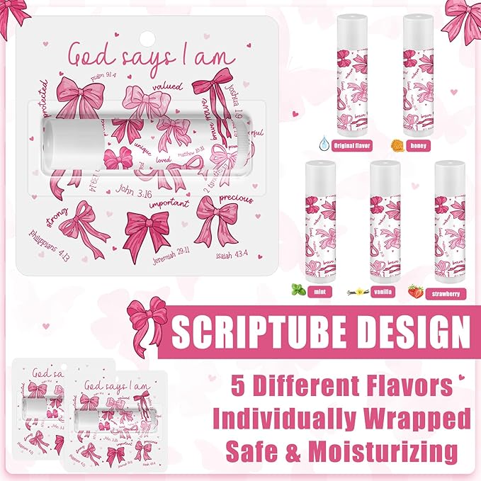 25 Pack Christmas Bow Gifts Religious Bible Verse Lip Balms Bulk 5 Flavor for Women Men Christian Religious Church Party Favors with Scripture Inspirational Gifts for Coworkers Staff