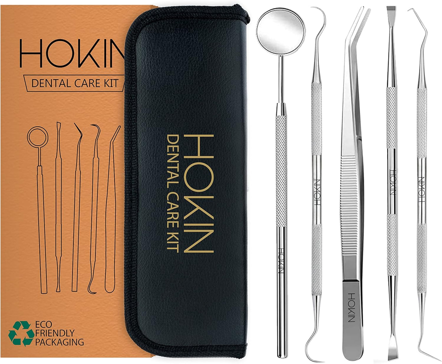 Dental Tools by HOKIN Plaque Remover Teeth Cleaning Tool Dental Care Kit Tooth Filling Repair Set Stainless Steel Dental Picks for Men Women Kids and Pet Care (5 Pcs)