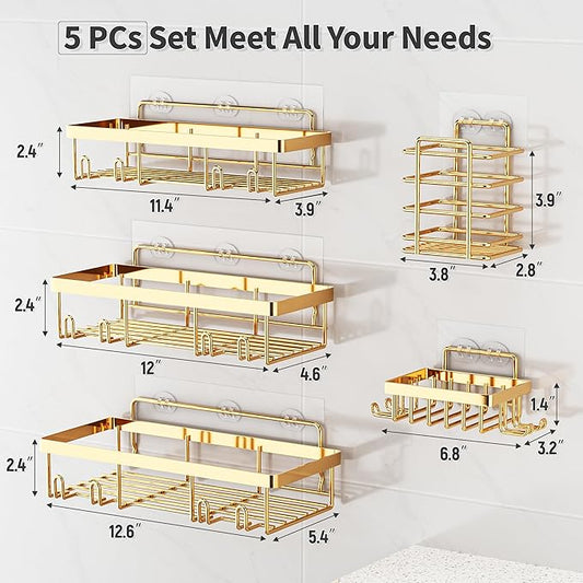5 Pack Shower Caddy Organizer Rack Shelf for Inside Shower, Self Adhesive Wall Storage Basket Rustproof Stainless Steel Shampoo Holder Bathroom Accessory Decor Set, Gold