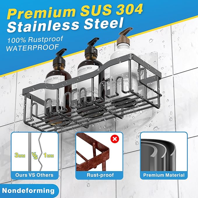 EUDELE Shower Caddy 2 Pack, Adhesive Shower Organizer for Home Decor & Kitchen Storage, No Drilling, Rustproof Stainless Steel Bathroom Shelf Organizer