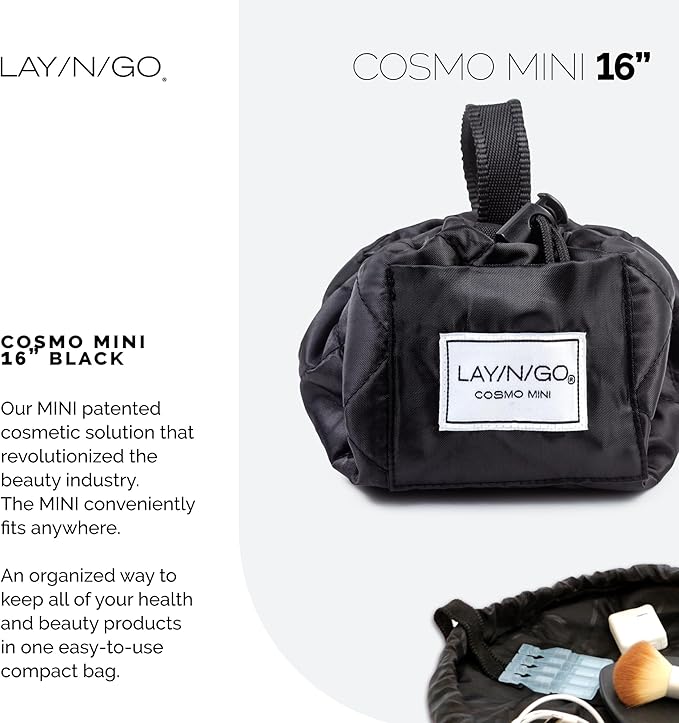Lay-n-Go Cosmo Layflat Drawstring Cosmetic & Makeup Bag Organizer w/Zipper Pocket, Brush Loops & More, Cinch to Close, Lay Flat to Use, Durable, Machine Wash, Travel Toiletry Bag (16", Black)
