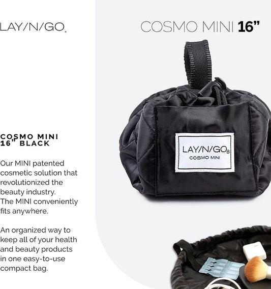 Lay-n-Go Cosmo Layflat Drawstring Cosmetic & Makeup Bag Organizer w/Zipper Pocket, Brush Loops & More, Cinch to Close, Lay Flat to Use, Durable, Machine Wash, Travel Toiletry Bag (16", Black)