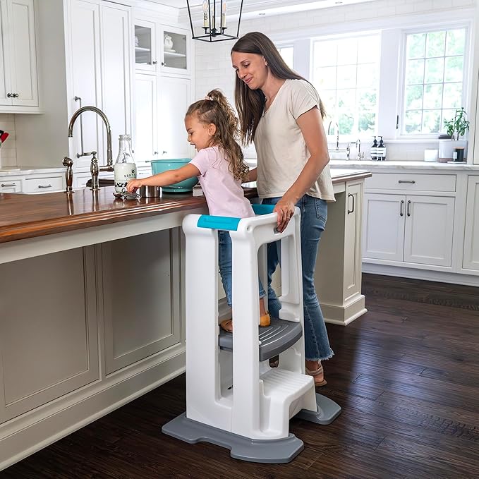 Simplay3 Toddler Tower Montessori Standing Kitchen Step Stool with Sturdy Stabilizing Base and Adjustable Platform, 20.5" D x 26" W x 34.5" H, Ages 18 Months to 5 Years, White