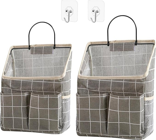 2pcs Wall Hanging Storage Bag,Wall Hanging Organizer Bags with Pockets, Wall Organizer Storage for Dormitory Bathroom Bedroom Kitchen(Grey Grid)