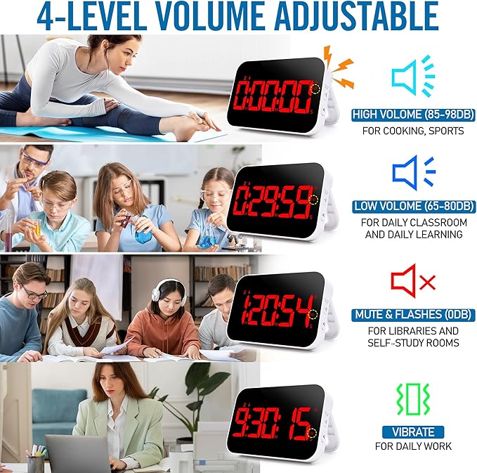 KMMKGGKitchen Timer（1.5" Number） Large Digital Magnetic Timer, Rechargeabilit, Countdown and Countup, 3 Brightness Display, 3 Volume Levels and Vibration Mode, for Cook, Adults Study Teaching(RED)