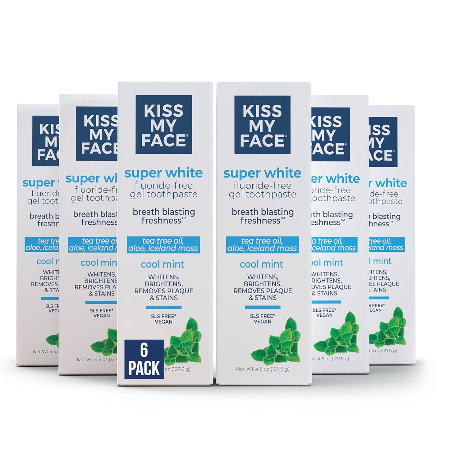 Kiss My Face Super White Toothpaste Gel, Cool Mint Flavor, Removes Plaque and Stains, Teeth Whitening Toothpaste, Fluoride Free, Vegan, 4.5 oz, 3 Pack