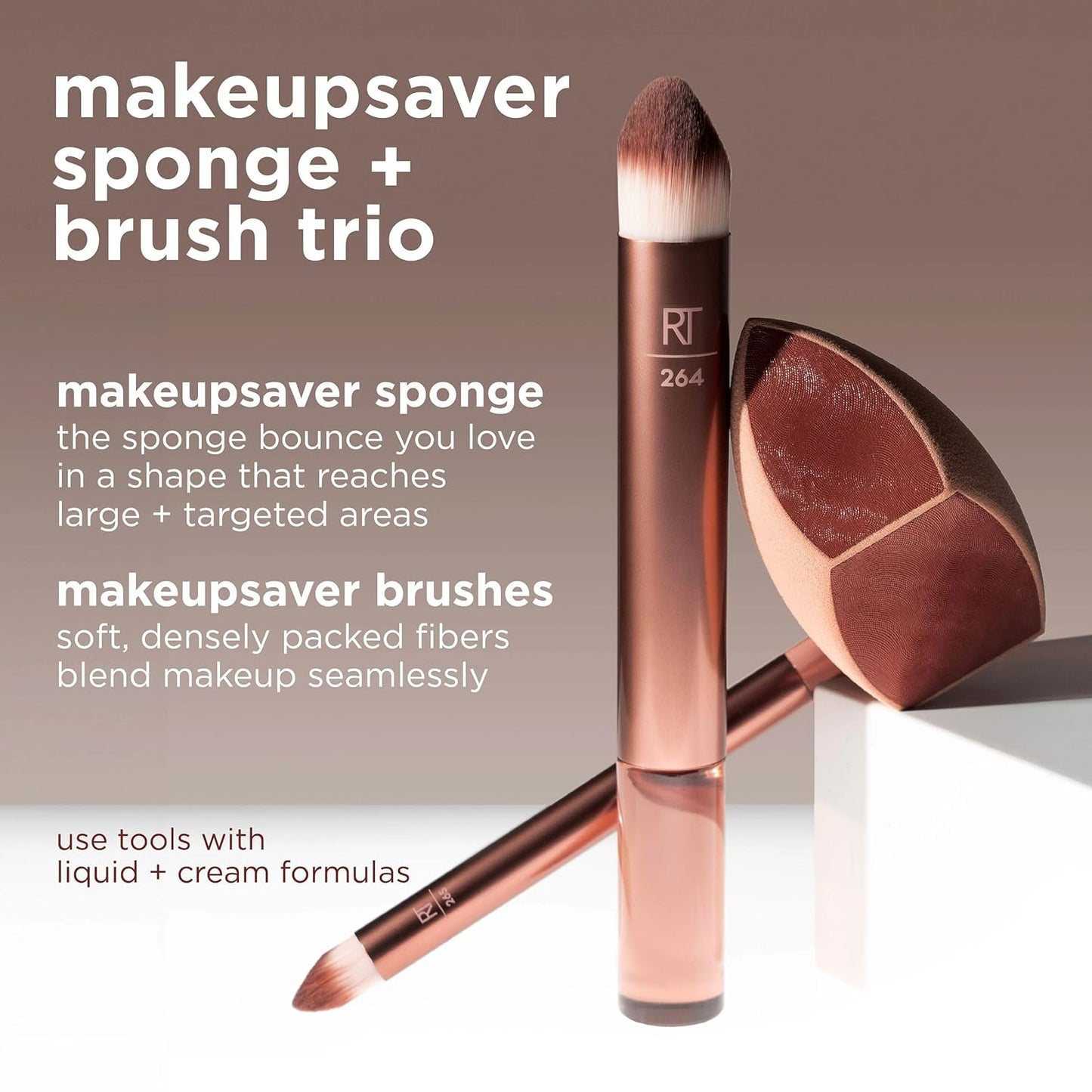 Real Techniques Makeupsaver Sponge + Brush Trio, Makeup Blending Sponge & Brushes For Liquid & Cream Foundation, Natural Finish & Reduces Makeup Waste, Cruelty & Latex-Free, 3 Piece Set