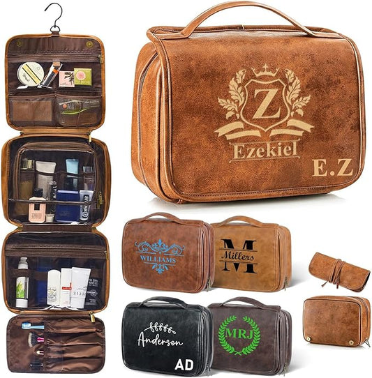 Personalized Toiletry Bag For Men, Large Capacity Travel Doop Kit, Vintage Color PU Leather, Custom Name Initials, Gifts for Dad, Husband, Boyfriend, Groomsmen, Birthday (Style 6)
