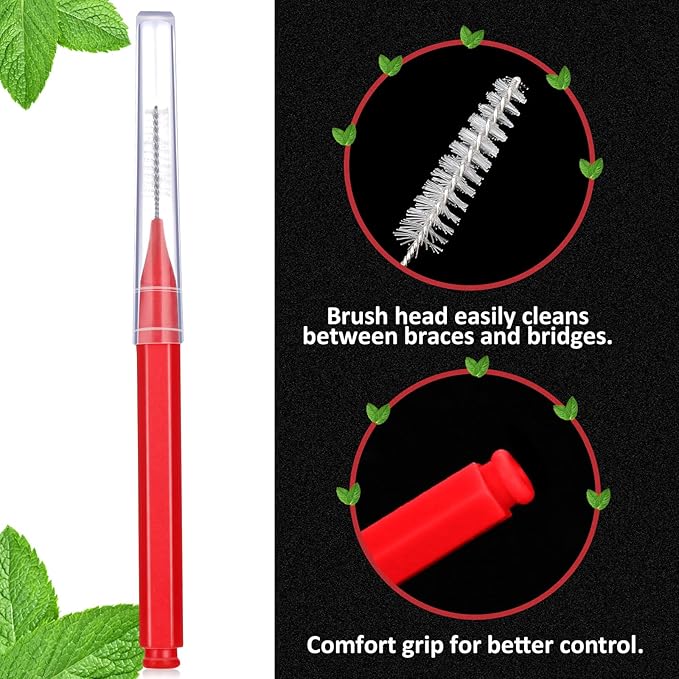 Patelai 100 Pieces Braces Brush for Cleaner Interdental Brush Toothpick Dental Tooth Flossing Head Oral Dental Hygiene Flosser Toothpick Cleaners Tooth Cleaning Tool(Red,Suitable Size)