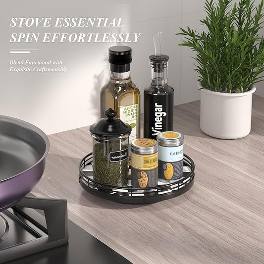 Black and White Kitchen Lazy Susan Turntable – Checkered Round Decorative Tray, 9" Table Top Oak Wood Lazy Susan for Cookies, Dining Table Organizer, Small Kitchen Table Centerpiece