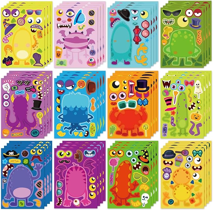 Make a Monster Face Stickers 48PCS Halloween Stickers for Kids Make Your Own Little Monster Sticker Sheets Halloween Theme Crafts Party Game Birthday School Classroom Reward Gift