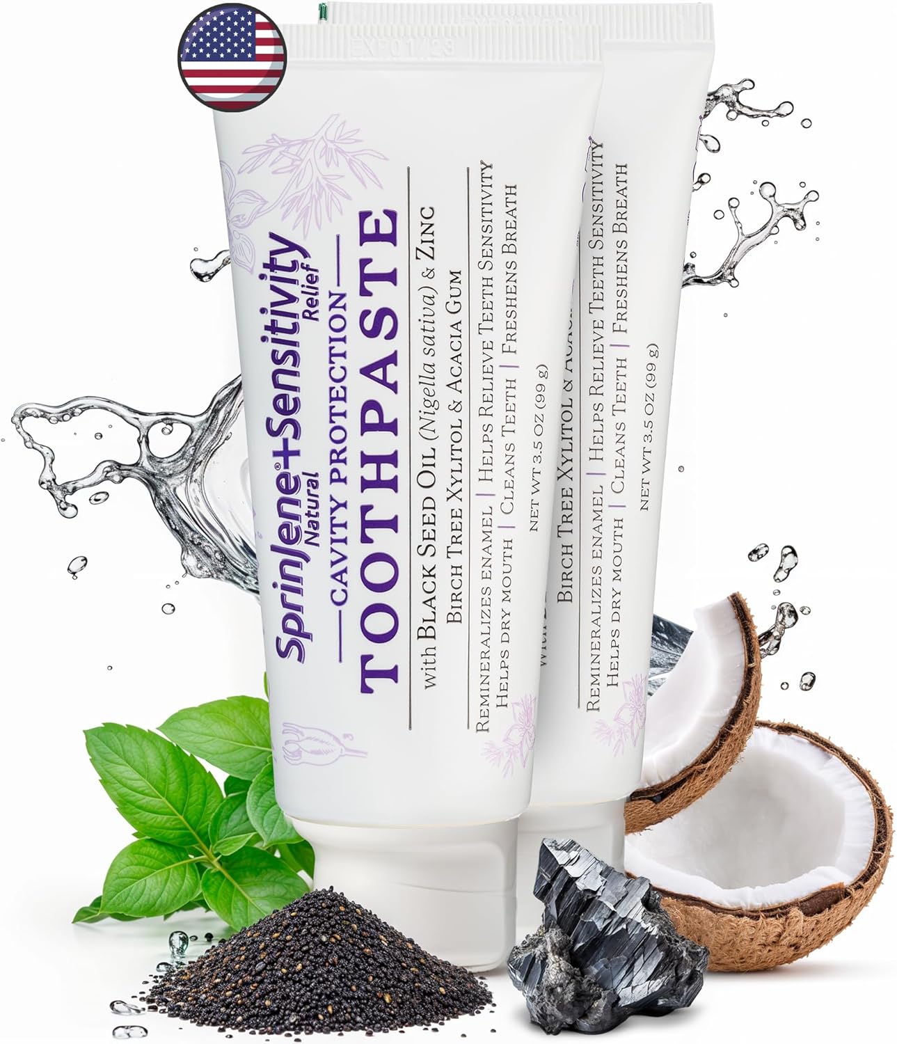 SprinJene Natural Sensitivity Relief Toothpaste – Fluoride Toothpaste for Sensitive Teeth & Cavity Protection – SLS Free with Patented Black Seed Oil & Zinc – Made in The USA (2 Pack)