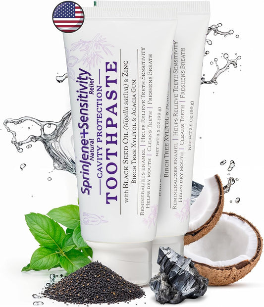 SprinJene Natural Sensitivity Relief Toothpaste – Fluoride Toothpaste for Sensitive Teeth & Cavity Protection – SLS Free with Patented Black Seed Oil & Zinc – Made in The USA (2 Pack)