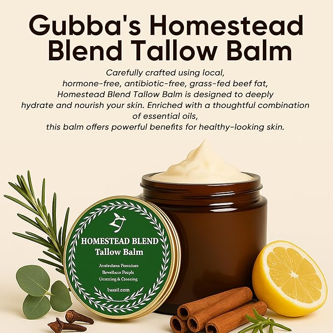 Gubba's Homestead Blend Tallow Balm - Tallow and Honey Blam, Natural Ingredient Whipped Moisturizer for Face & Body, Antioxidant Protection | Nourishes Deeply | Clarifying & Soothing