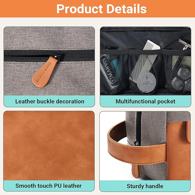 Elviros Travel Toiletry Bag for Men, Hanging Toiletries Bag Water Repellent Dopp Kit PU Leather Travel Bag for Toiletries Accessories, Grey