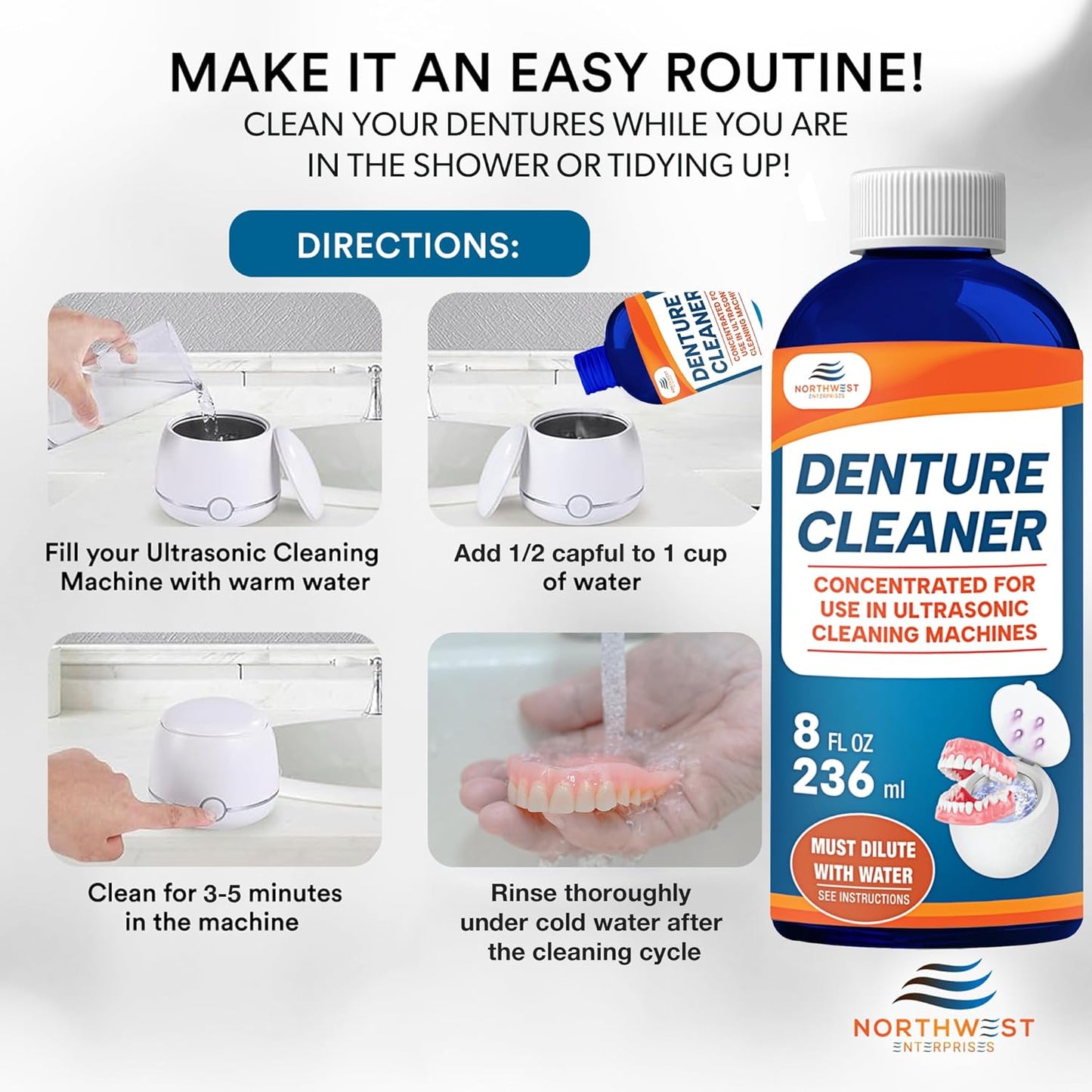 Ultrasonic Denture Cleaner - Denture Cleaner for All Types of Dentures - Denture Cleaning Solution Removes Stains, Plaque, Grime, and Build-up (8 Ounces)