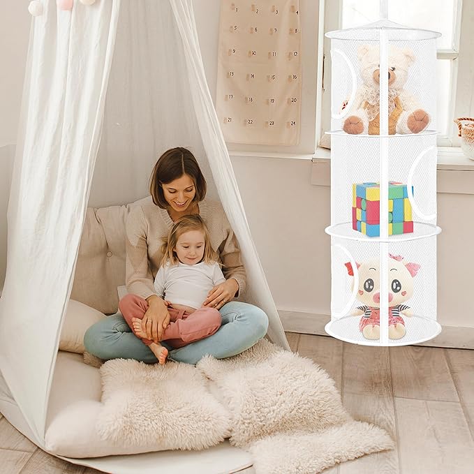 Libeder Mesh Hanging Storage Space Saver Bags Organizer,Foldable Storage Organizer 3 Compartments Toy Storage Basket for Kids Room Bathroom 2 Sets, White