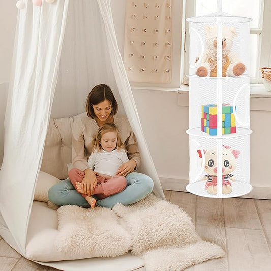 Libeder Mesh Hanging Storage Space Saver Bags Organizer,Foldable Storage Organizer 3 Compartments Toy Storage Basket for Kids Room Bathroom 2 Sets, White