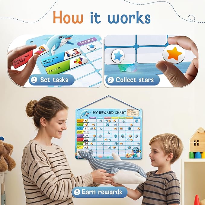 Magnetic Reward Chart for Kids with 280 Magnets - Behavior Chart for Kids at Home - Responsibility Reward Chart - Chore Chart - Visual Schedule - Ideal for Ages 3-9, Autism, ADHD - Blue