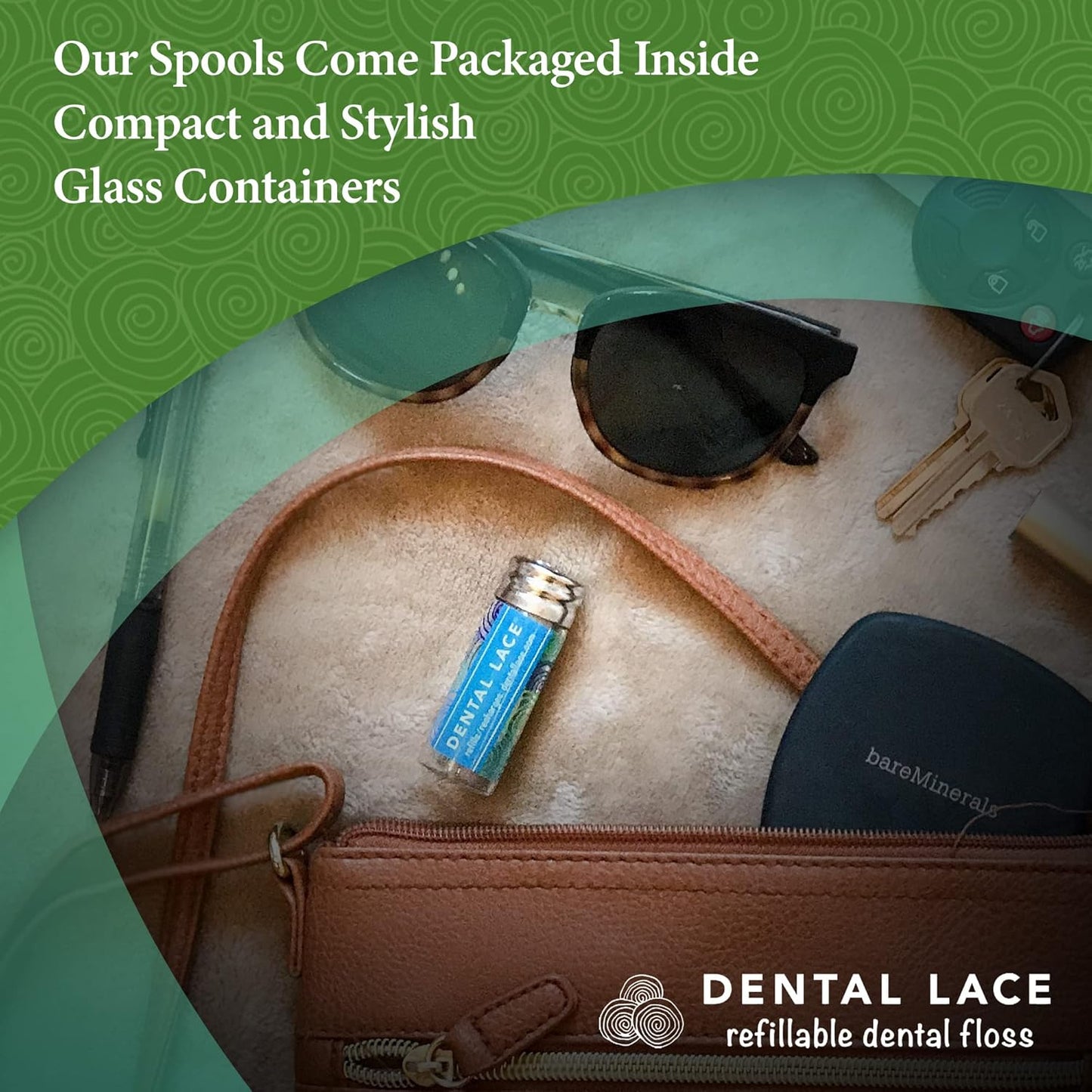 Dental Lace Refillable Silk Dental Floss | Multi-Color Glass Containers - 100% Silk Floss with Mint Flavor, PFAS & PTFE Free (Total 66 Yards) – Eco-Friendly Recyclable Packaging (Pack of 4)