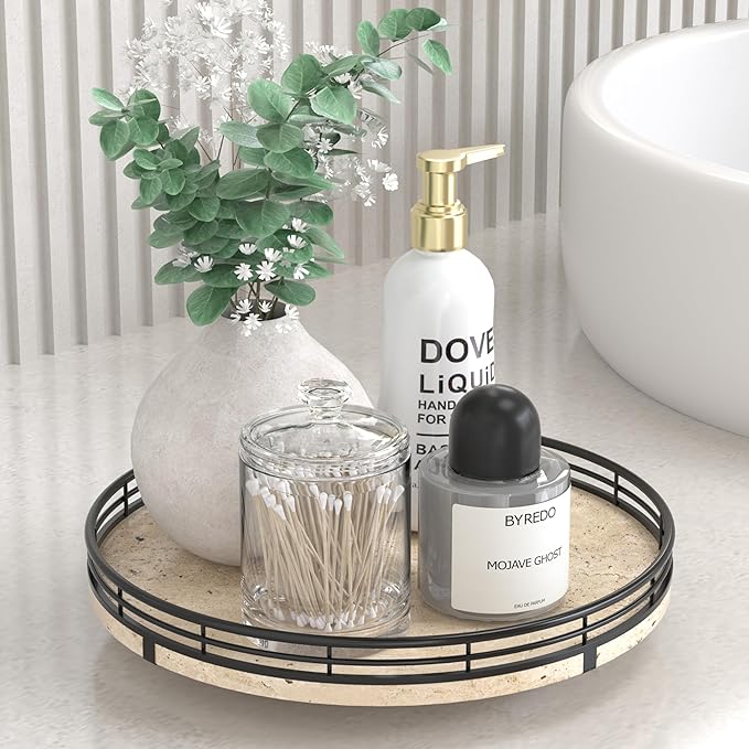 Italian Natural Travertine Lazy Susan Turntable for Table Top – 10” Round Marble Tray Organizer for Bathroom, Vanity, Dining Table, Kitchen Countertop & Bar, Luxury Stone Serving Tray with Black Frame