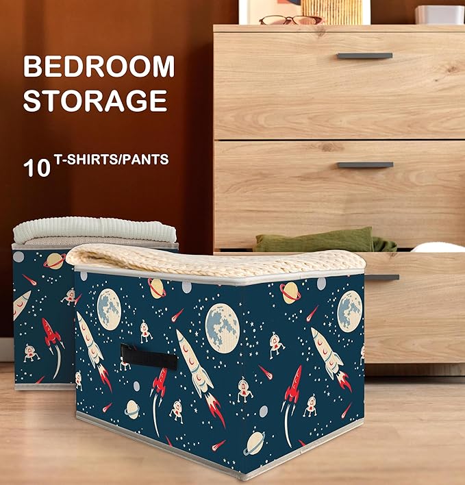 Nogrit Space Airship Rocket Storage Bins Box, Toybox for Boys, Outer Space Cosmic Foldable Baskets Organizer Container with Handles for Kids Boys Bedroom Bathroom Clothes Toys Books