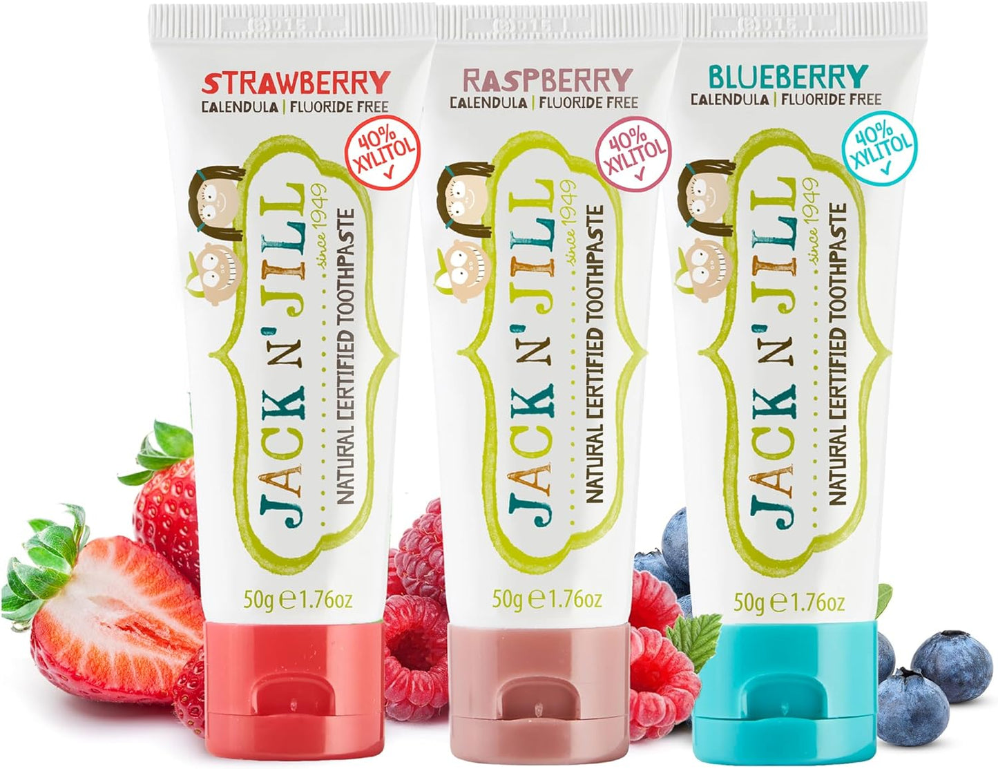 Jack N' Jill Natural Toddler Toothpaste - Fluoride Free Training Toothpaste for Toddlers 1-3, 40% Xylitol, BPA Free - 1.76 oz (Variety Pack of 3)