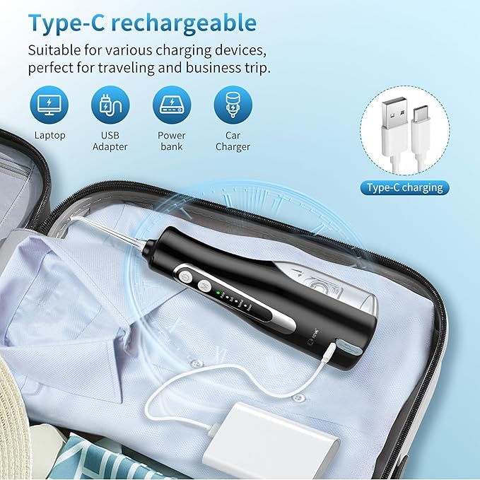 Cordless Oral Irrigator - 4 Modes Water Flosser for Teeth Cleaning, 300ML Reservoir, 360° Nozzle, IPX7 Waterproof, 2000mAh Rechargeable Battery, 4 Jet Tips, Smart Memory Function (M149 - Black)